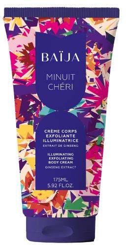 En färgglad floral- och geometrisk mönster på en tub av Baïja Minuit Chéri lystergivande kroppskräm.