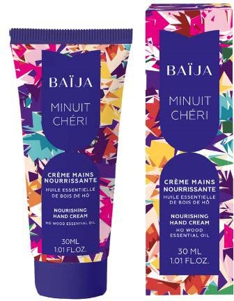 Färgglad design av Baïja näringsrik handkrämrör och förpackning med blå etikett och blommönster.