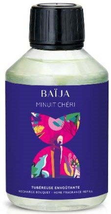 Baja Minuit Chéri doftfyllnadsflaska med fjärilsillustration på lila etikett.