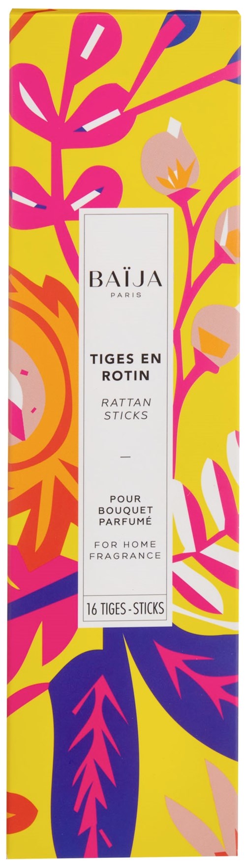 Farverigt emballage af Baija Tiges en Rotin duft med rosa, gul, orange og blå blomster- og bladmønster.