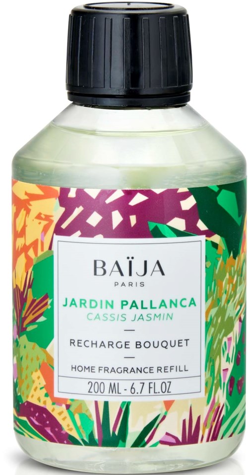 En påfyllnadsflaska för hemfräschör med färgglada blad och växtmotiv, märkt 'Jardin Pallanca' med jasminlukt, 200 ml.