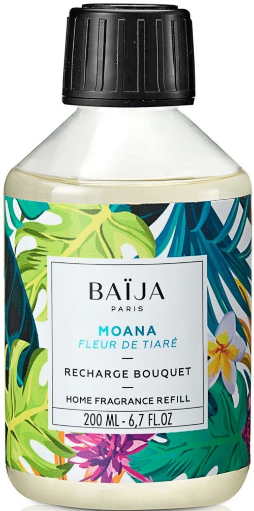 En liten flaska med tropiska blad och blommor, märkt som en hemparfym refill, 200 ml.