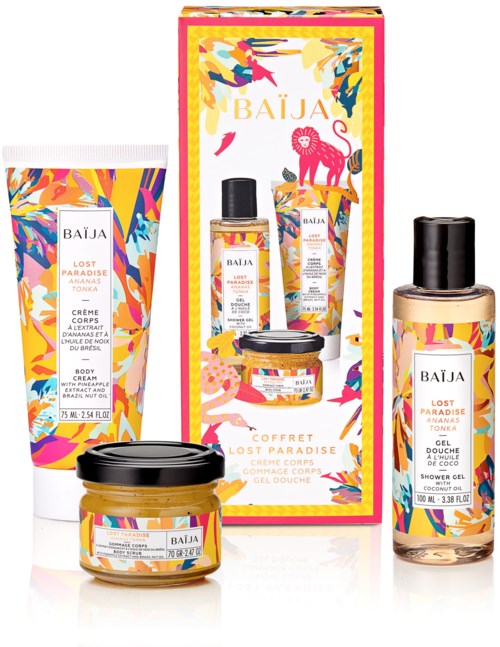 Kolorowy zestaw produktów do ciała, w tym lotion, krem do ciała i żel pod prysznic, z tropikalnym motywem.