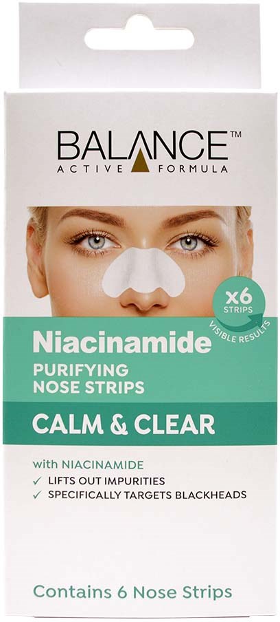 Nasal strips on a box named Balance Niacinamide to purify and calm the nose, targeting blackheads. Contains six strips.