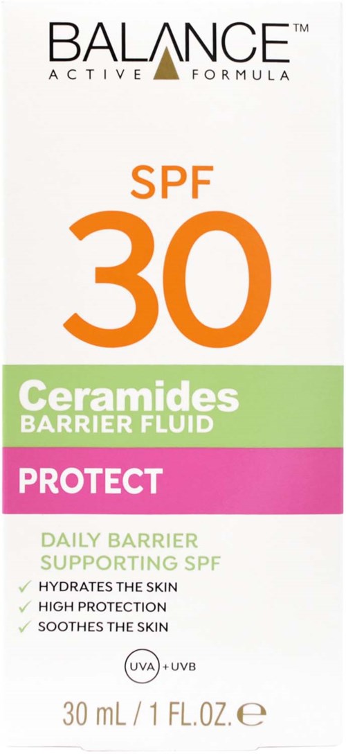 En hudvårdsproduktförpackning med SPF 30, ceramider, barriärvätska och skyddsfördelar. Innehåller 30 ml.