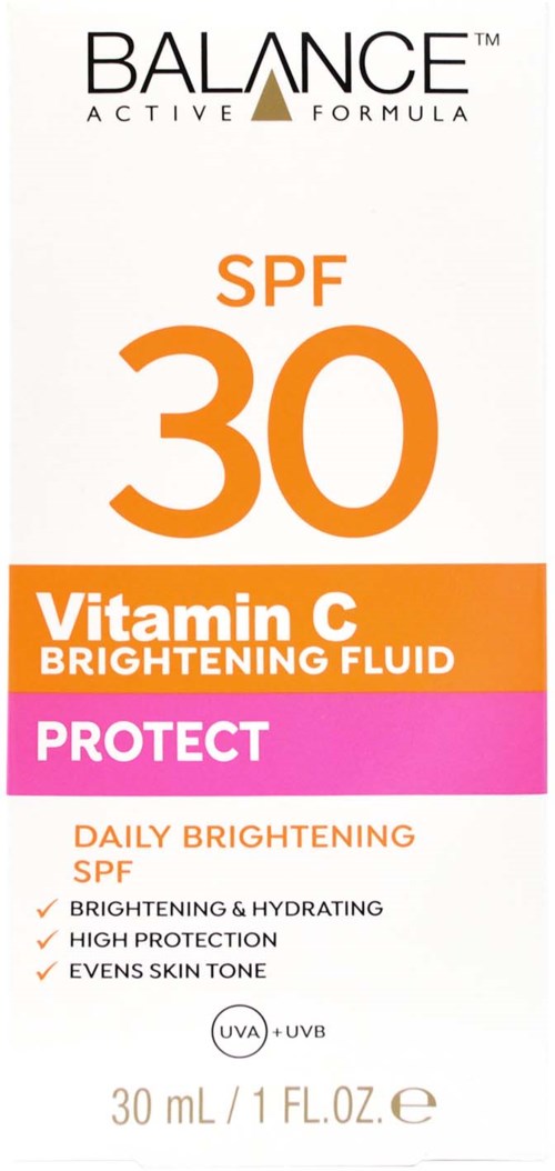 En förpackning visar ljusnande vätska med SPF 30, C-vitamin och skyddande egenskaper för huden. Den har text och färgblock.