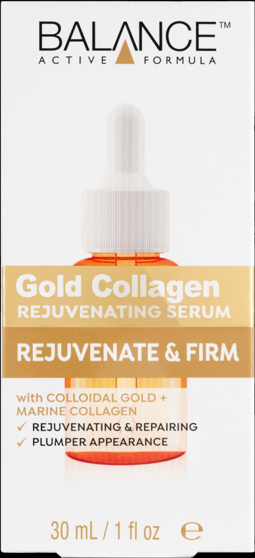En förpackning med Balance Gold Collagen Rejuvenating Serum med pipett, främjar fasthet och hudreparation.