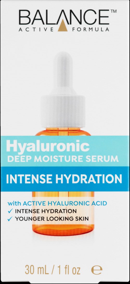 En låda med en pipettflaska för ansiktsserum, märkt 'Hyaluronic Deep Moisture Serum' med 'Intense Hydration' och aktiva ingredienser.