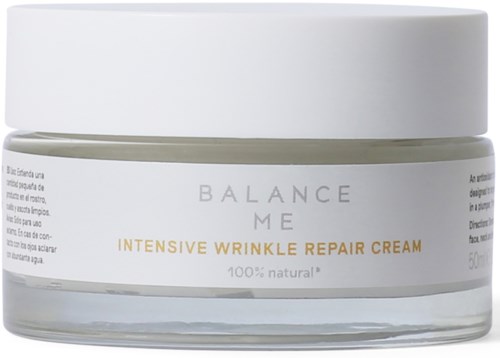 Kremkrukke merket 'Balance Me Intensive Wrinkle Repair Cream' med hvit lokk og klar beholder.