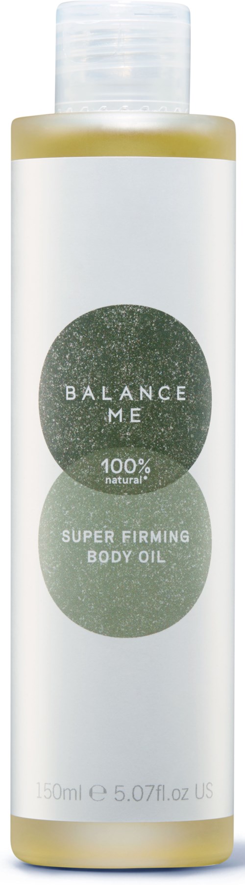 En hvit flaske med etikett som sier "Balance Me," "100% naturlig," "Super Firming Body Oil," og en gulaktig topp.
