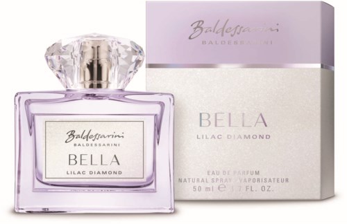 Butelka perfum i pudełko Bella Lilac Diamond od Baldessarini, eleganckie, z fioletowymi akcentami i capkiem w kształcie diamentu.