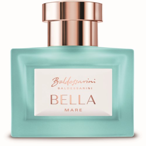 Jasno-niebieska butelka perfum z różowo-złotym korkiem, oznaczona 'Bella Mare' od Baldessarini.