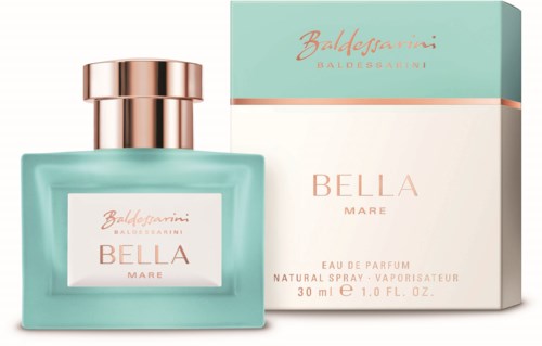 Perfumka przed pudełkiem, z napisem "Bella Mare" w delikatnych kolorach mięty i brzoskwini, elegancki design.