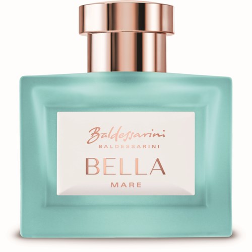 Jasnoniebieska butelka perfum z różowo-złotym korkiem i etykietą z napisem Baldessarini Bella Mare.
