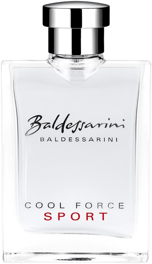 Eine klare Glas-Parfümflasche mit silberner Kappe, beschriftet Baldessarini Cool Force Sport in Schwarz und Rot.