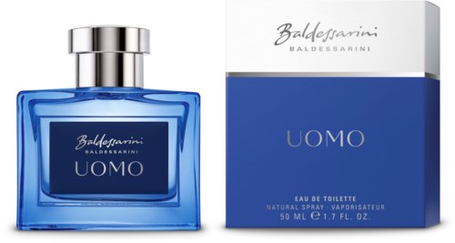 Sininen Baldessarini UOMO -hajuvesipullo ja sen valkoinen ja sininen paketti, jossa on teksti.