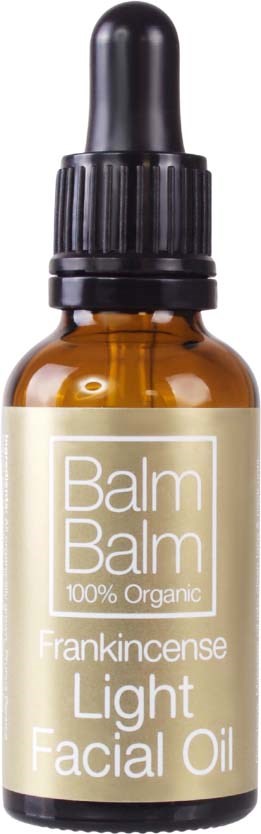Mała brązowa butelka z zakraplaczem i etykietą 'Balm Balm 100% Organic Frankincense Light Facial Oil'.