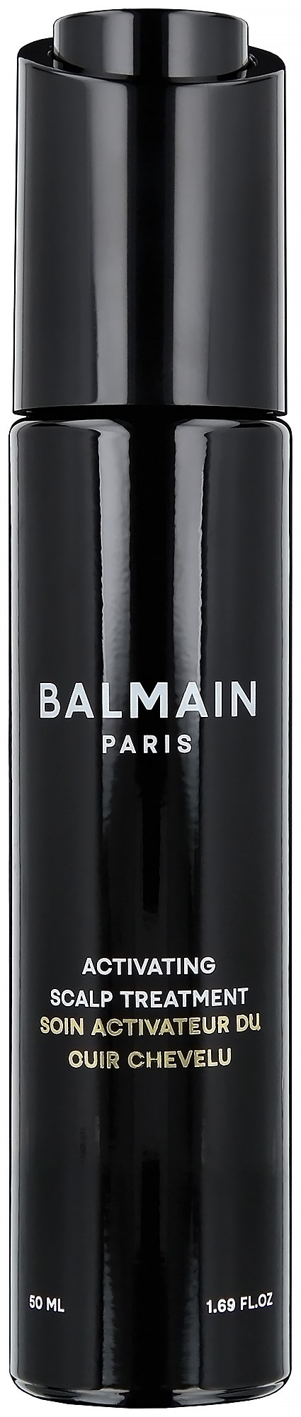 A black bottle with white text, labeled 'BALMAIN PARIS' and 'ACTIVATING SCALP TREATMENT'.