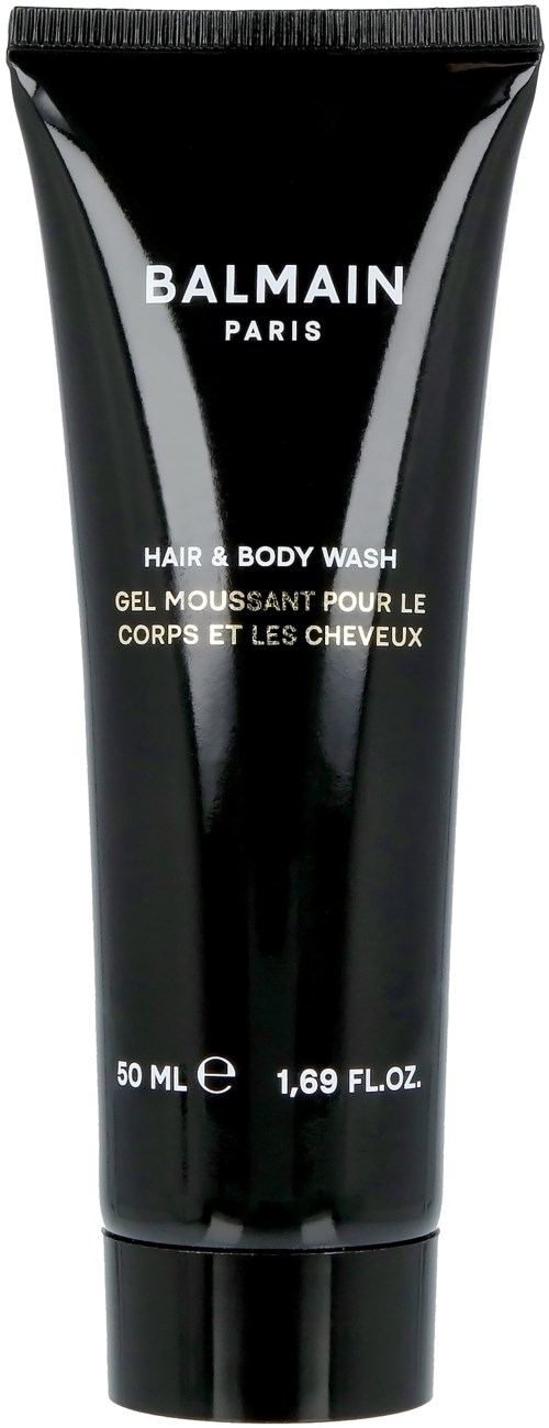 Svart tub med vit text, märkt Balmain Paris, för hår- och kroppstvätt, 50 ml.