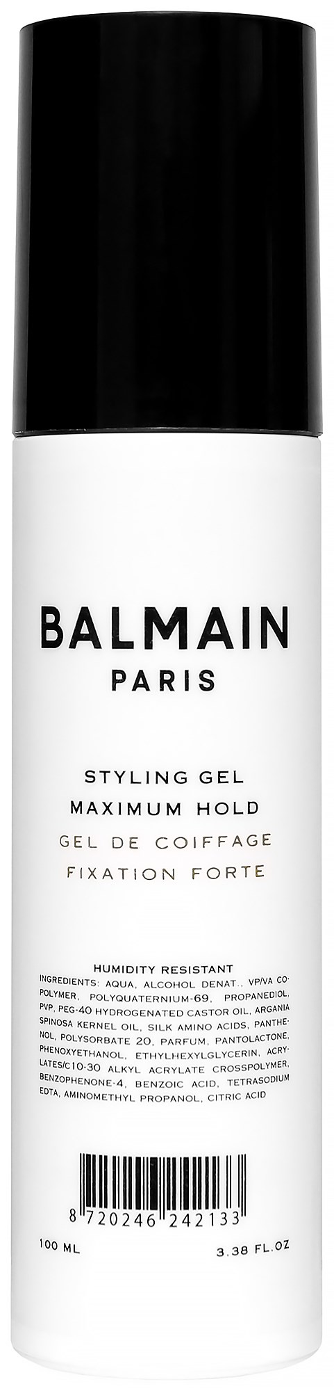 En hvit og svart boks med Balmain Paris styling gel og tekst om å holde og fikse håret.