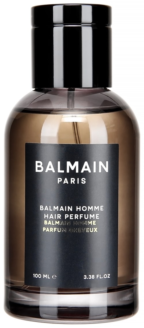 En bruns flaske med svart lokk, merket 'Balmain Paris' for herreparfyme, 100ml størrelse.