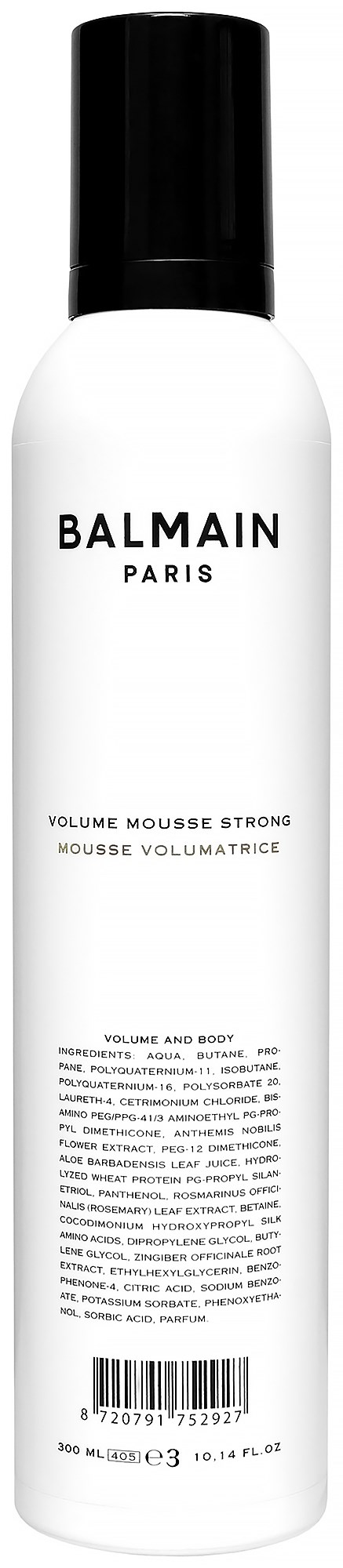 Een witte fles met zwarte dop met label Balmain Paris en details over volume mousse sterk.