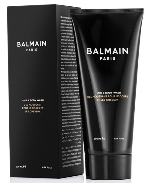 En svart tub och förpackning för Balmain Paris hår- och kroppstvål, 200 ml, elegant och elegant design.