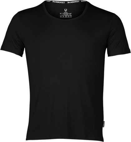 En enkel svart T-shirt med rund hals och korta ärmar, enkel och avslappnad i stil.
