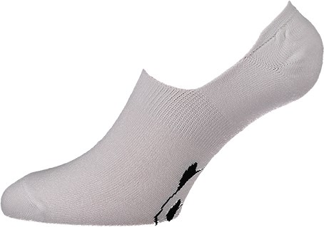 En vit ankelsocka med svarta detaljer nära hälen och tån.