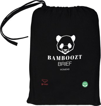 En svart väska med en panda-logga, orden "BAMBOOZT BRIEF WOMENS" och symboler för tre par och miljövänlighet.