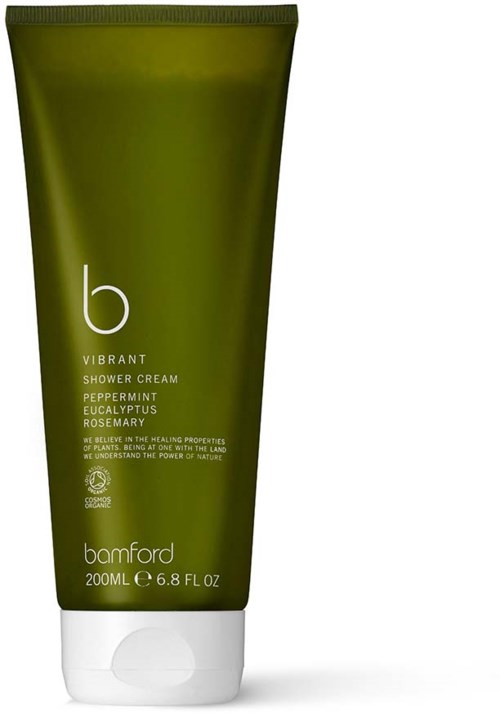 Grönt tub med Bamford Vibrant duschkräm med doft av pepparmint, eukalyptus och rosmarin, 200 ml.