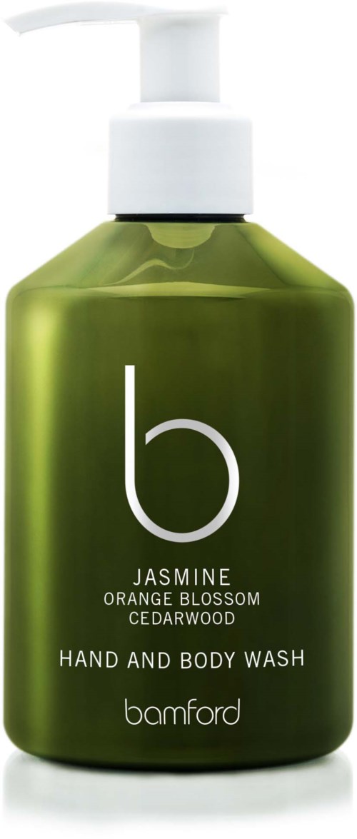 Grön flaska med jasmine blodapelsin hand- och kroppstvätt från Bamford.