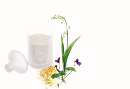 En vit ljus med ett litet 'b'-format, växt med gröna blad och lila blommor, och gula badsalt.
