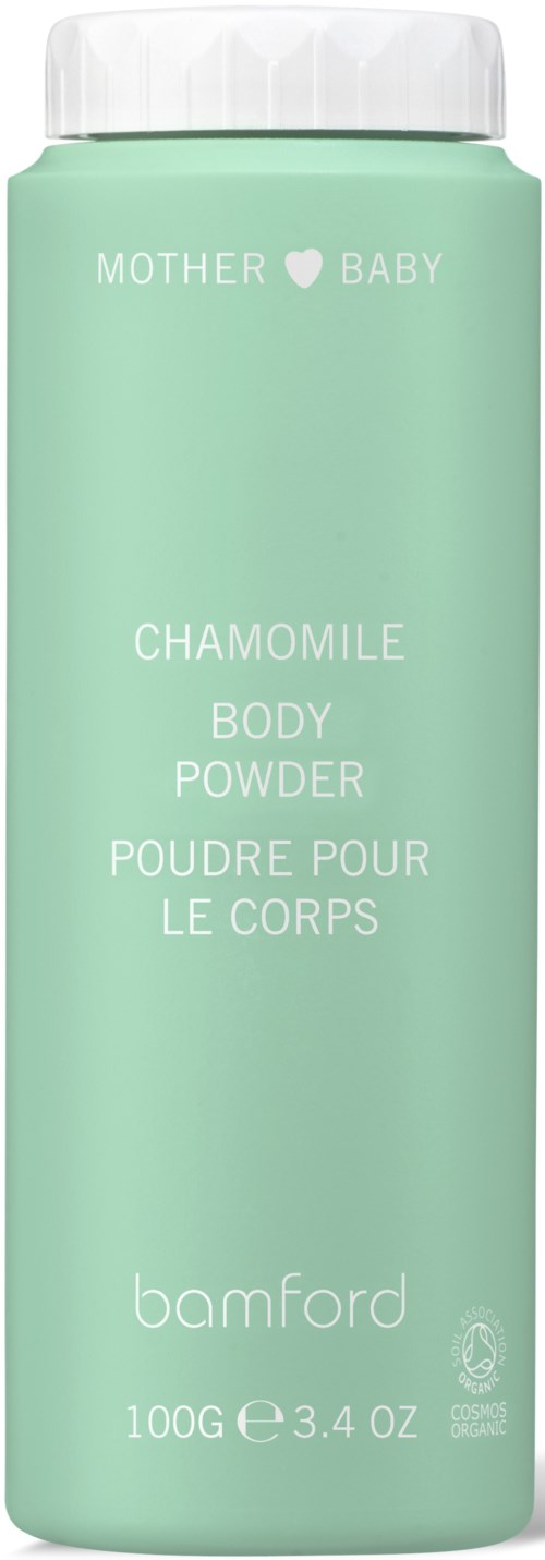 Vihreä pullo, jossa lukee 'Mother ♥ Baby Chamomile Body Powder' Bamfordilta, valkoinen kansi.