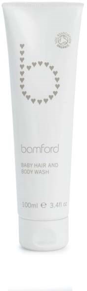 En vit tub märkt Bamford Baby Hair and Body Wash med små hjärtar och ett silvermärke högst upp.