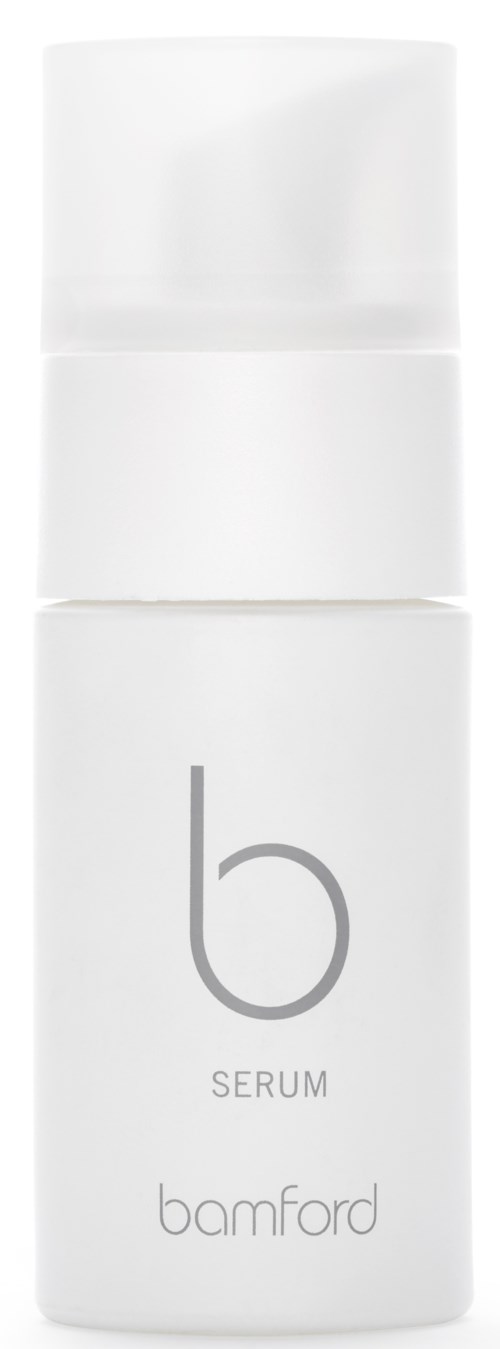 En vit flaska märkt 'bamford serum' med pump. Den är elegant och enkel i design.