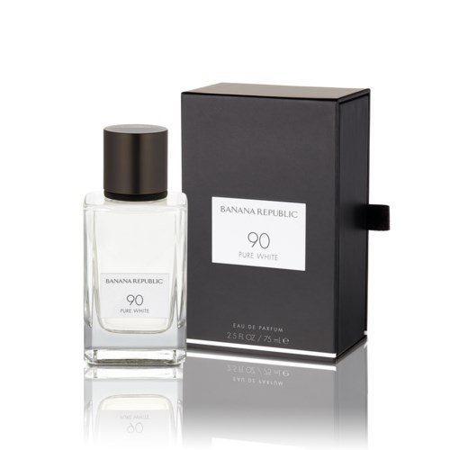 A bottle of Banana Republic perfume labeled '90 Pure White' with its black box, showing the volume as 2.5 fl oz.