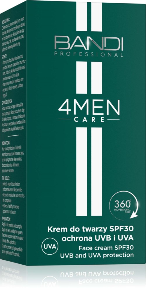 En grön förpackning märkt 'Bandi Professional 4 Men Care' ansiktskräm med SPF30 och UVA/UVB-skydd, visar skyddsuppgifter.