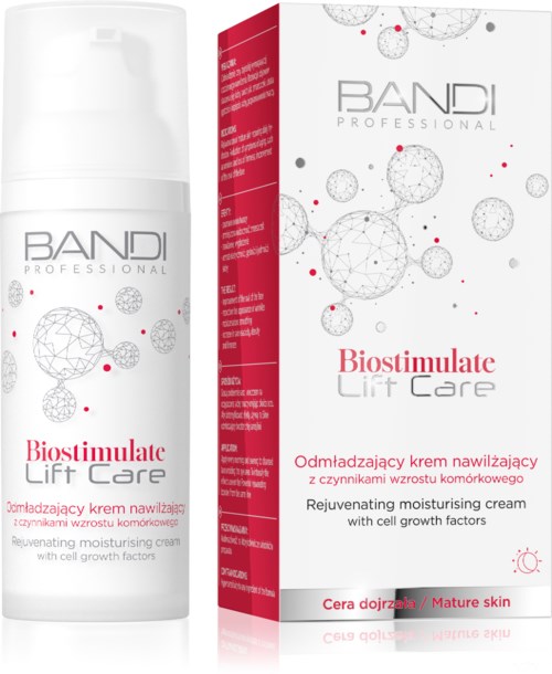 A white bottle and box of Biostimulate Lift Care moisturizing cream with cell growth factors for mature skin.