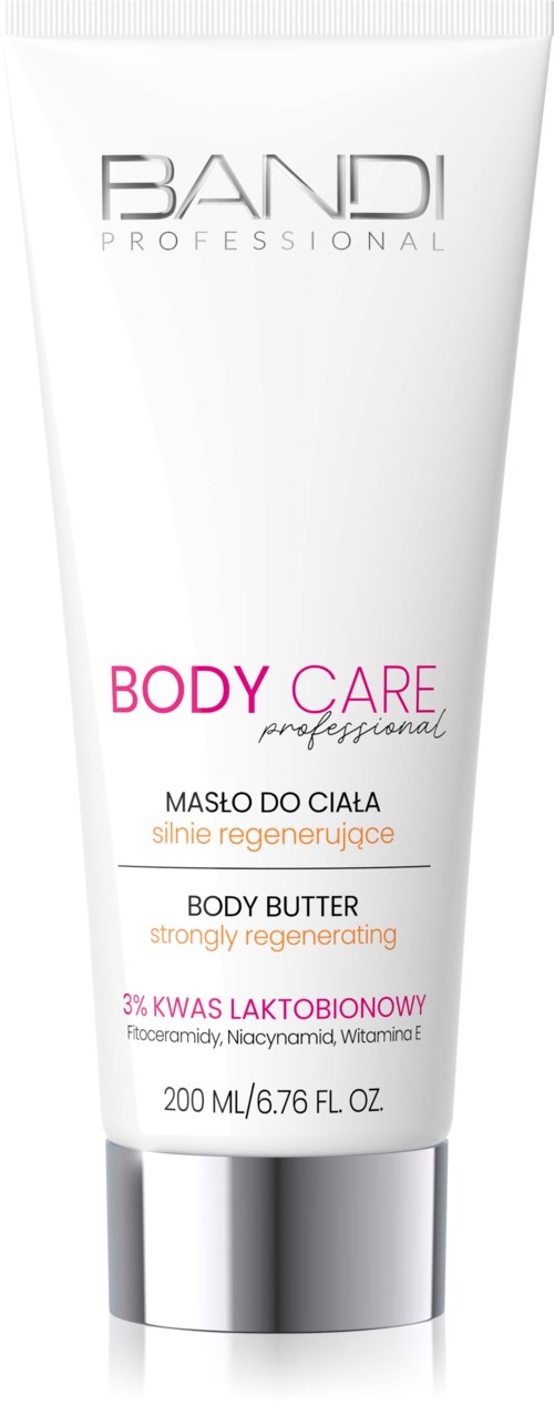 En vit tub med texten BANDI Professional Body Care med rosa och orange text för kroppskräm och kroppssmör.