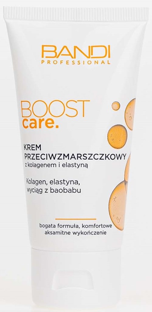 Valkoinen putki anti-ihollršmpoomiin, jossa on oranssi ja musta teksti ja kollageenivaahtokuvia.