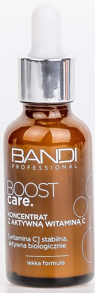 Mała brązowa butelka z białym pipetą, oznaczona BANDI BOOST care, zawiera serum witaminowe C.
