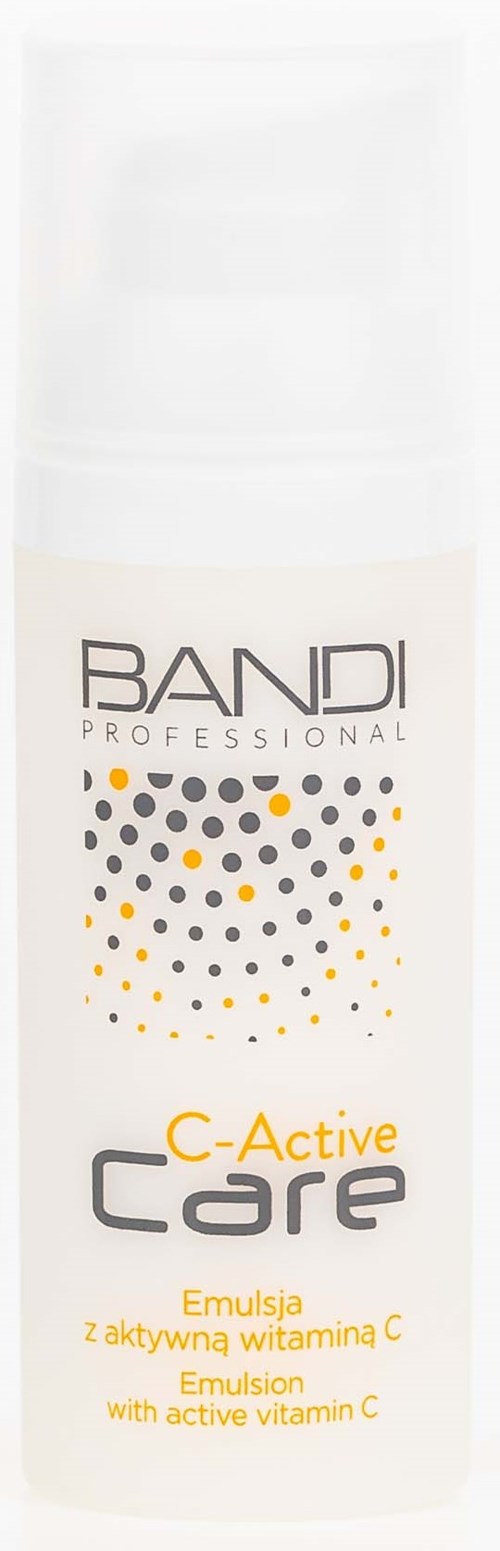 En vit flaska med svarta och gula prickar, märkt 'BANDI Professional C-Active Care,' moisturiser med vitamin C.