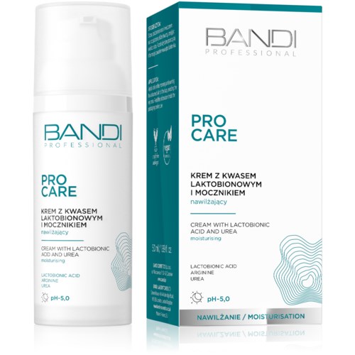 Pullo ja pahvikko BANDI PRO CARE -voiteesta, sisältää laktoobionista ja ureaa, kosteuttaa ihoa, pH 5,0.
