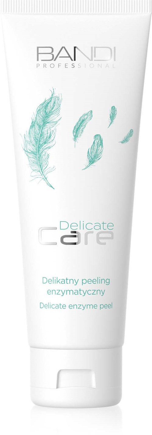 Biała tubka z zielonymi piórami i jasnym tekstem, oznaczona 'BANDI PROFESSIONAL Delicate Care, enzyme peel'.