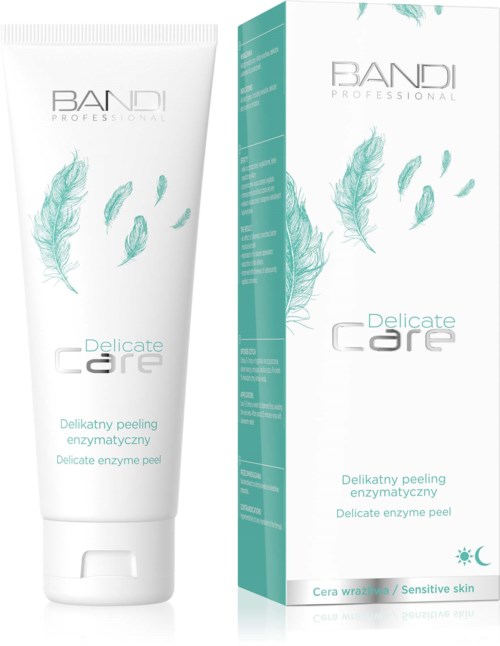 Biała tubka i opakowanie z turkusowymi piórkami i tekstem 'Bandi Professional Delicate Care,' enzymatyczny peeling dla wrażliwej skóry.