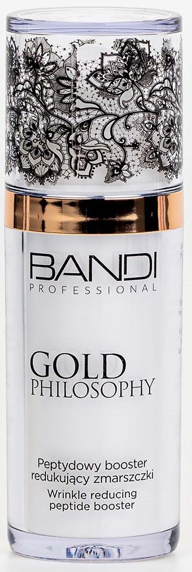 A tall, transparent bottle with black floral designs on the cap. The label reads "BANDI Professional Gold Philosophy," a peptide booster.
