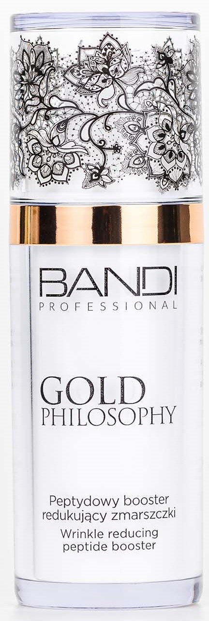 A clear bottle with intricate black floral and swirl designs on the top, labeled 'BANDI GOLD PHILOSOPHY' for wrinkle reduction.