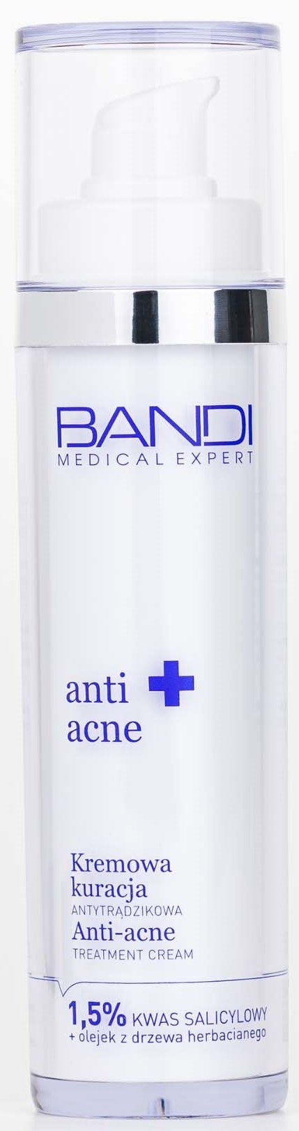 En hvit og lilla flaske merket 'BANDI anti-acne' med pumpe, stående opprett.