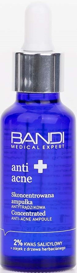 Blaue Flasche mit Tropfer, gekennzeichnet als Akne-Serum mit Salicylsäure.